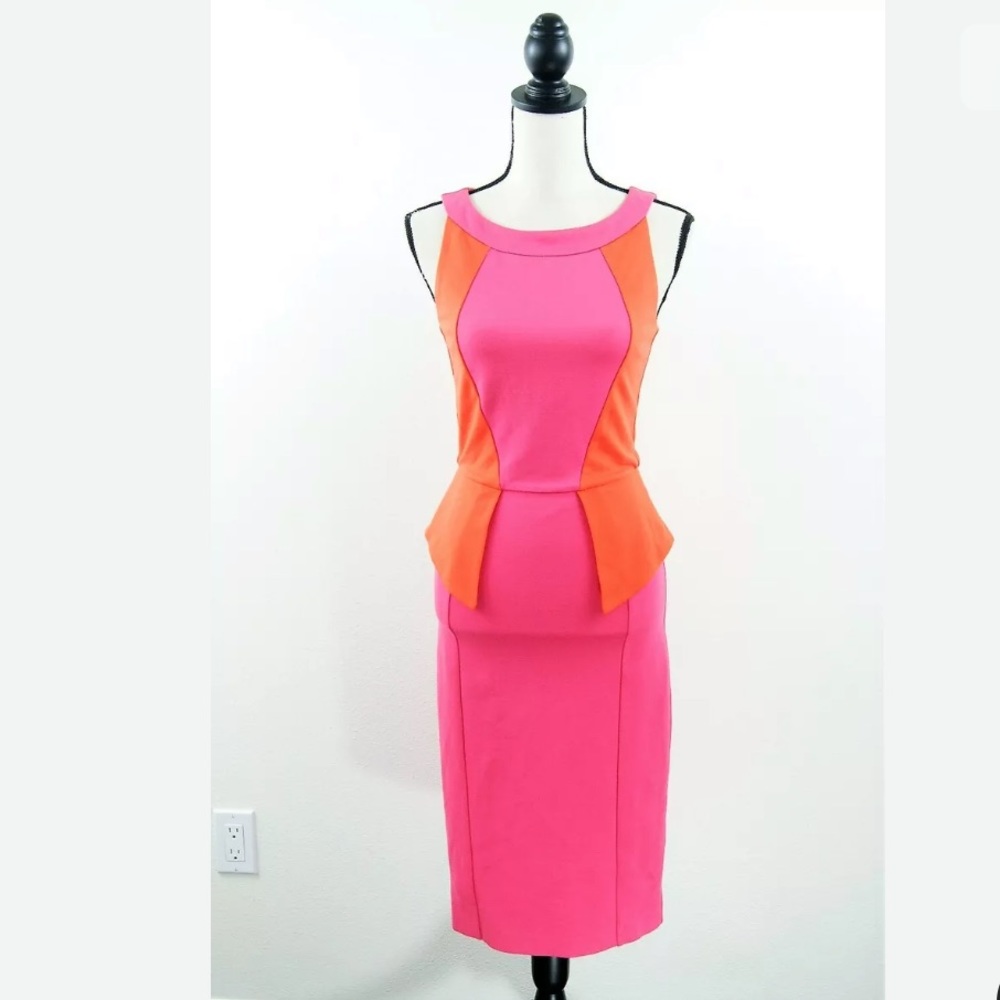 Bebe Pink Orange Ponte Knit Peplum Midi Dress S